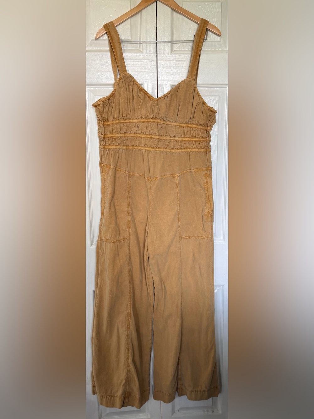 Free People 100% Cotton Ruched Wide Leg Jumpsuit Tan Boho Medium